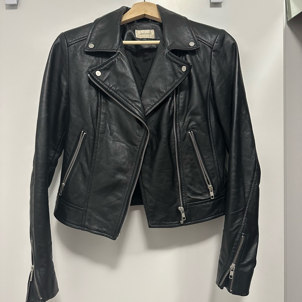 Black Leather Fitted Biker Jacket - XS